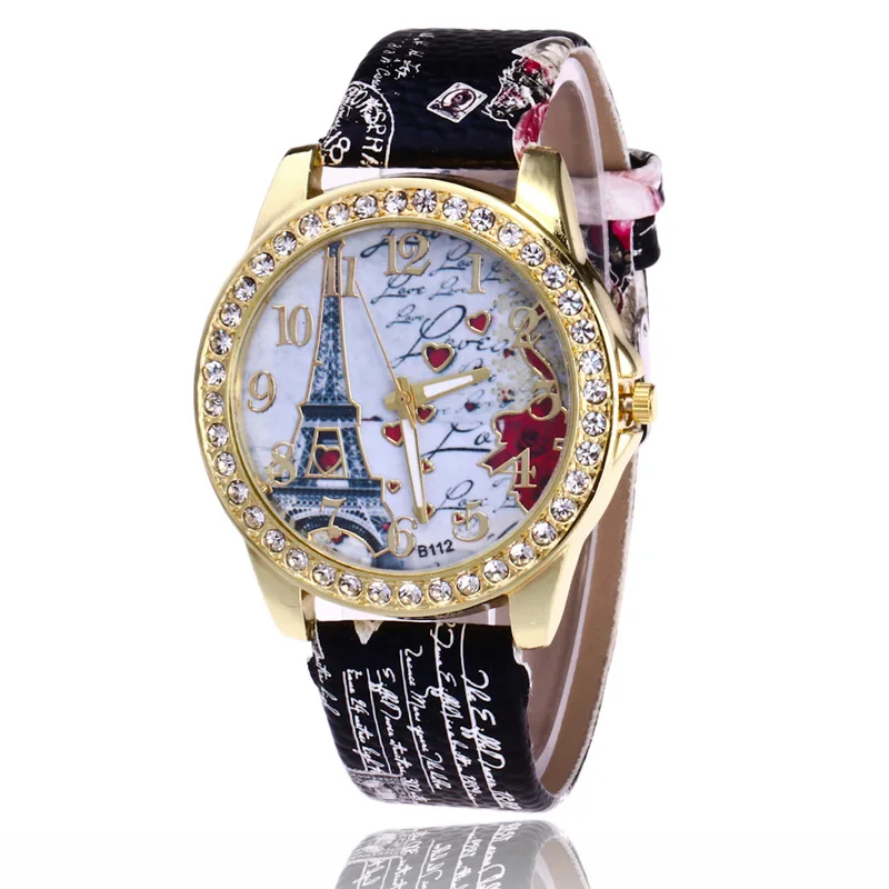 Luxury Women Watches Eiffel Tower Diamond Quartz Watch for Women Girl Beautiful Printing Female Dress Watch Fashion Ladies Clock