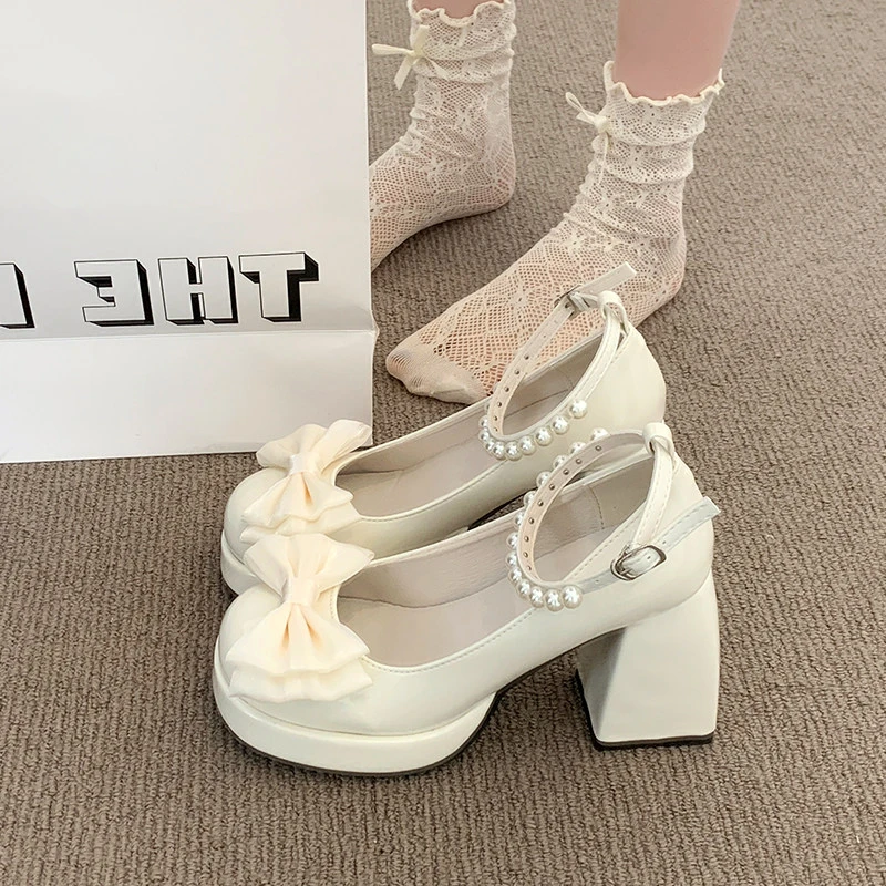 Patent Leather Platform Women Mary Jane Shoes Bow Pearl Ankle Strap Chunky Heel Shoes Comfort Wedding Daily Party Dress Footwear view 2