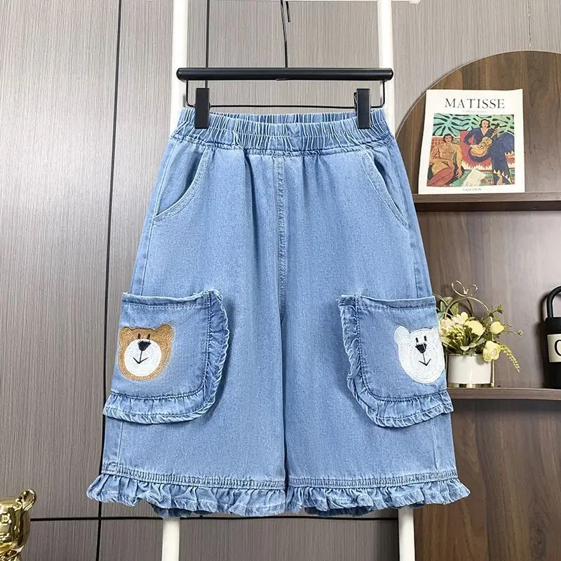 2026 Summer Five-Point Jeans High Waisted Loose Fitting Wide Leg Plus Size Thin Women's Pants Elastic Waist Casual Short Pants