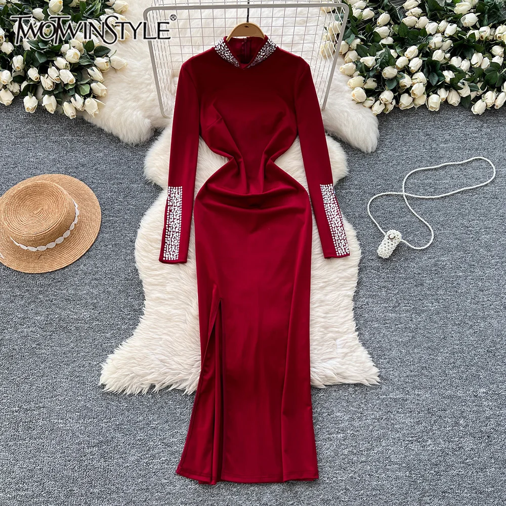 

TWOTWINSTYLE Solid Patchwork Diamonds Slimming Dresses For Women Turtleneck Long Sleeve High Waist Chic Dress Female Clothes