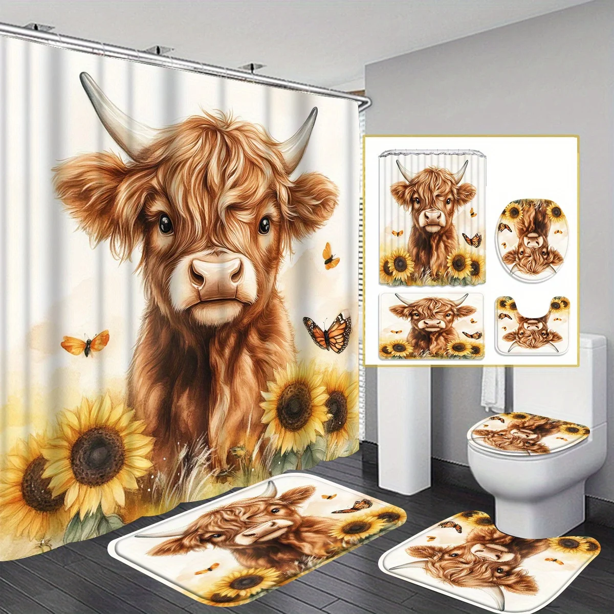 

Набор из 4 предметов украшения для ванной комнаты с рисунком горной коровы, занавеска для душа, нескользящий напольный коврик, коврик для крышки унитаза, U-образный коврик