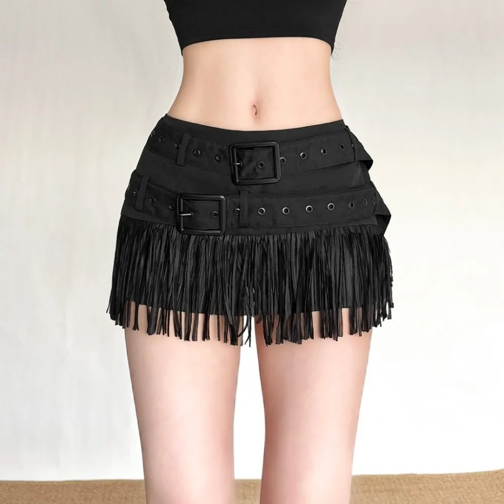 

SylCue Tassel Decoration Mini Skirts Woman 2026 Spring New Style Metal Buckle Elastic Waist Hot Girls Street Fashion Bottoms