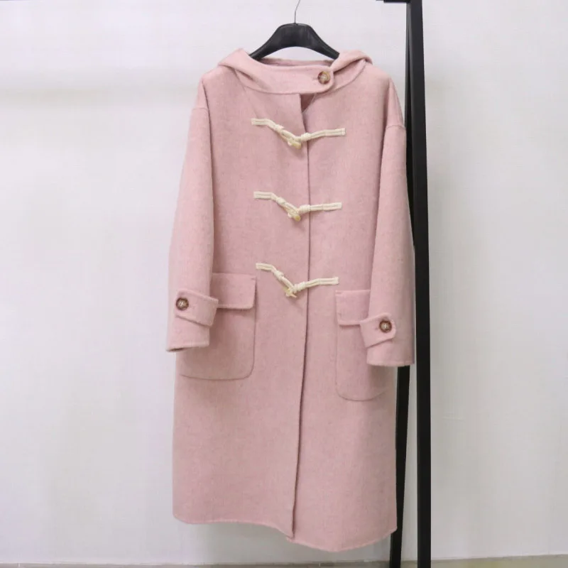

New Loose Horn Button Double-sided Woolen Coat Women Hooded Fashion Long Sleeve Real Woolen Coat Warm Outerwear Autumn Winter