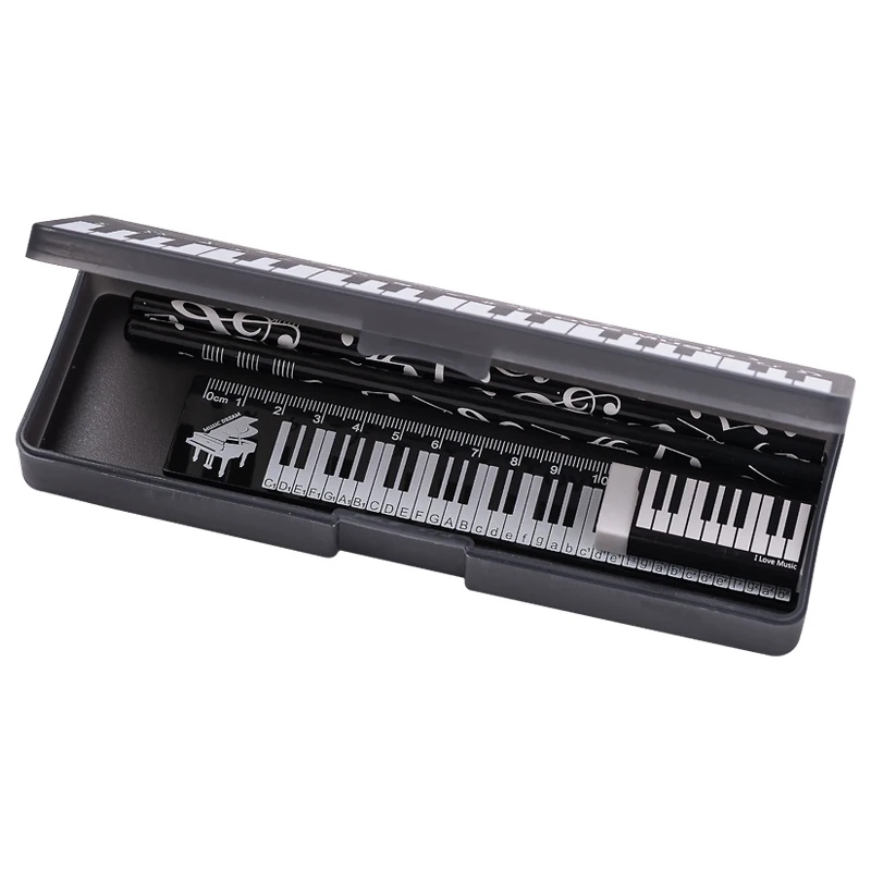 Musiknoten Feder mäppchen Set Klavier tastatur Ich liebe Musik note Bleistift Radiergummi Lineal Klavier Geschenkset Briefpapier Set