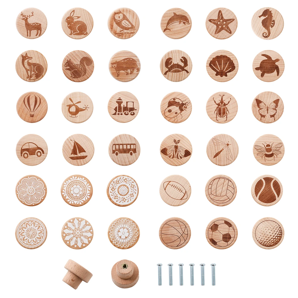 6Pcs Wooden Revolving Handles Children Room Cabinet And Drawers Decoration Handle Multiple-Pattern Designs Door Knob Baby Gift