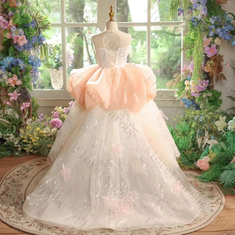 Customized Pink Flower Girl Dress Ball Gown Short Strapless Sequin Tulle 3D Butterfly Ruffle Bow Wedding Kid Party Princess Gown