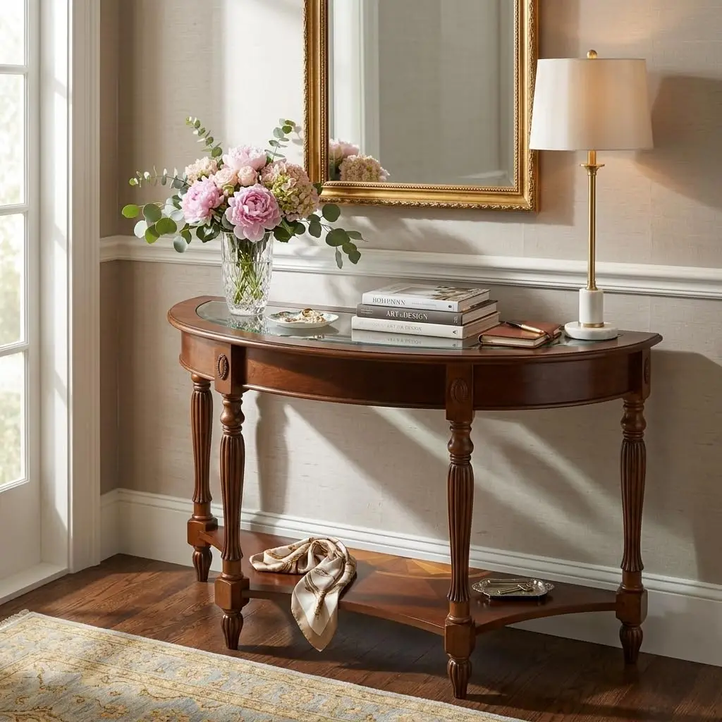 Entry Console Table With Glass Top, Semi-Circle Wood Sofa Table with Storage Shelf,Half-moon Accent Table for, Customized