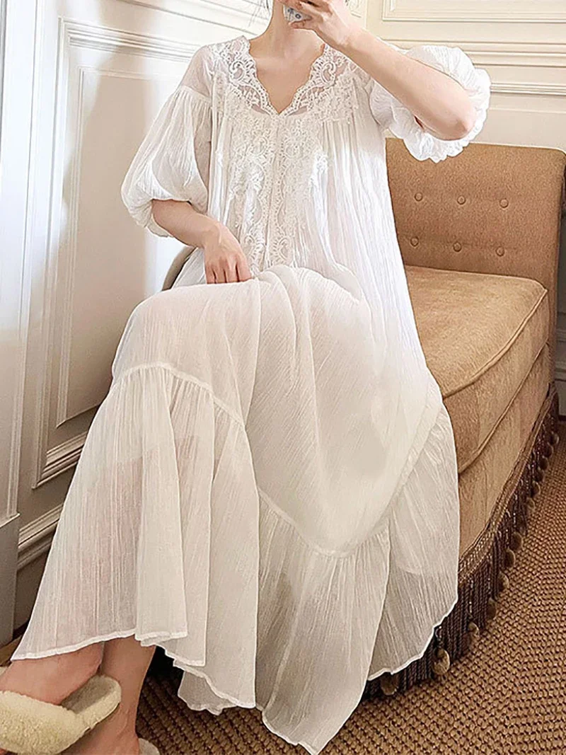 

Женская пикантная кружевная ночная рубашка с оборками на рукавах в винтажном стиле, длинное платье принцессы, романтичная одежда для сна в викторианском стиле, ночная рубашка