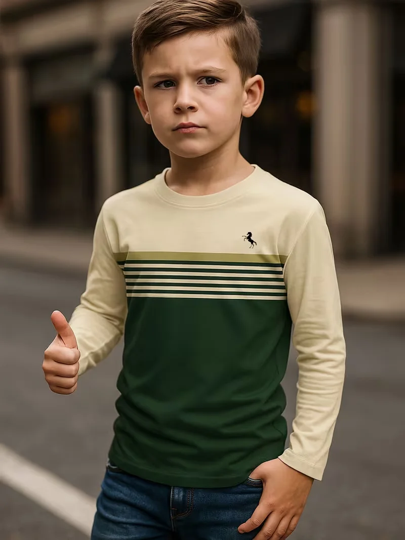 kids t‑shirt,crew neck long sleeve tee,color block striped design,small horse emblem print,green beige casualtopforboysdailywear