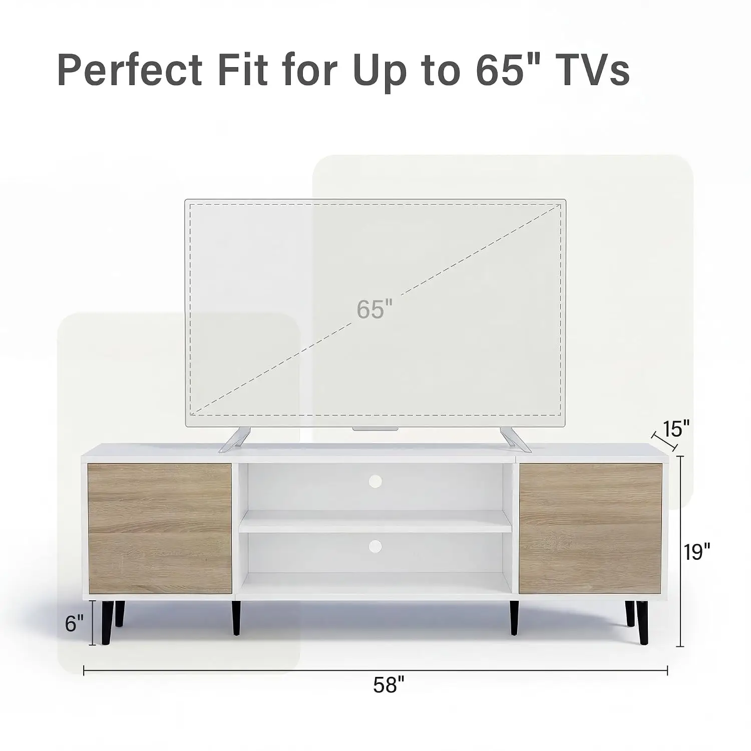 Mid-Century TV Stand with Storage for 55-65 Inch TV, Entertainment Center with Push-Open Cabinets, Open Shelves, Cable Managemen