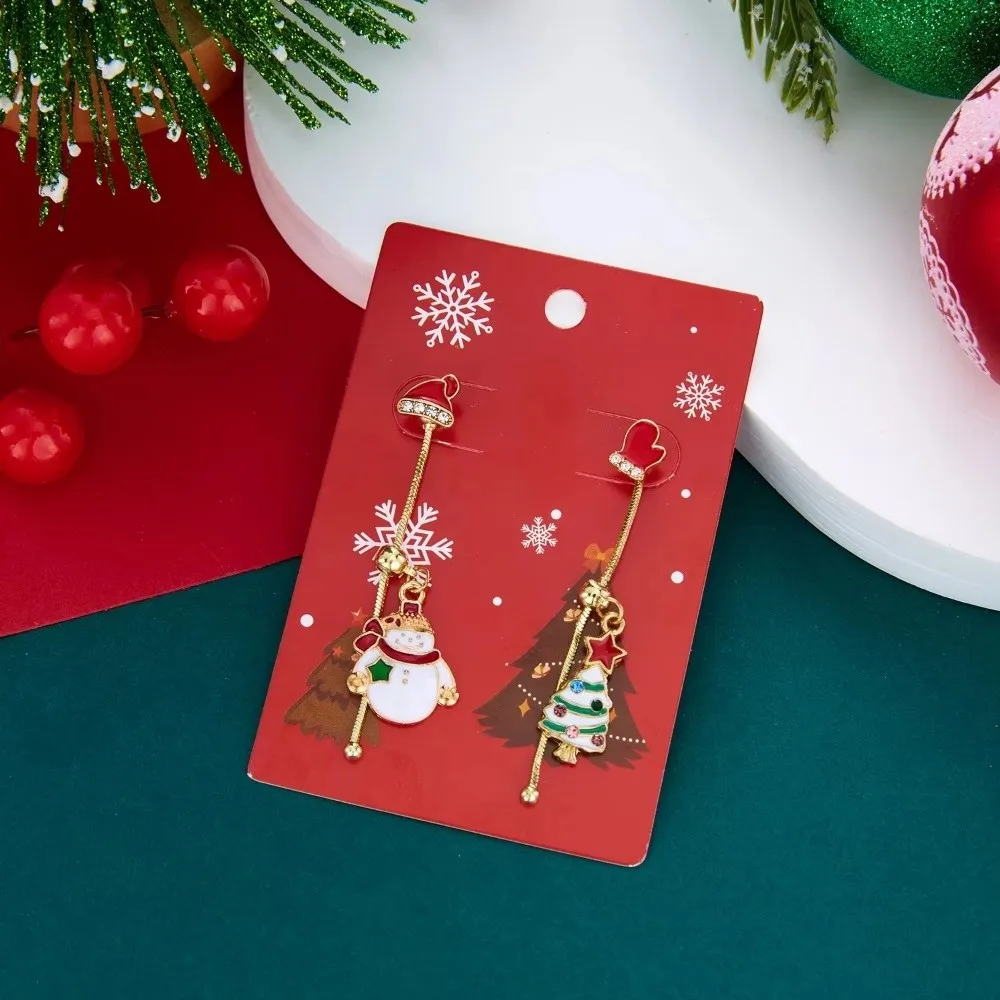 Asymmetric Design Christmas Dangle Earrings Zircon Star Enamel Snowman Drop Earrings For Women Moving Santa Claus Red Hat Gloves