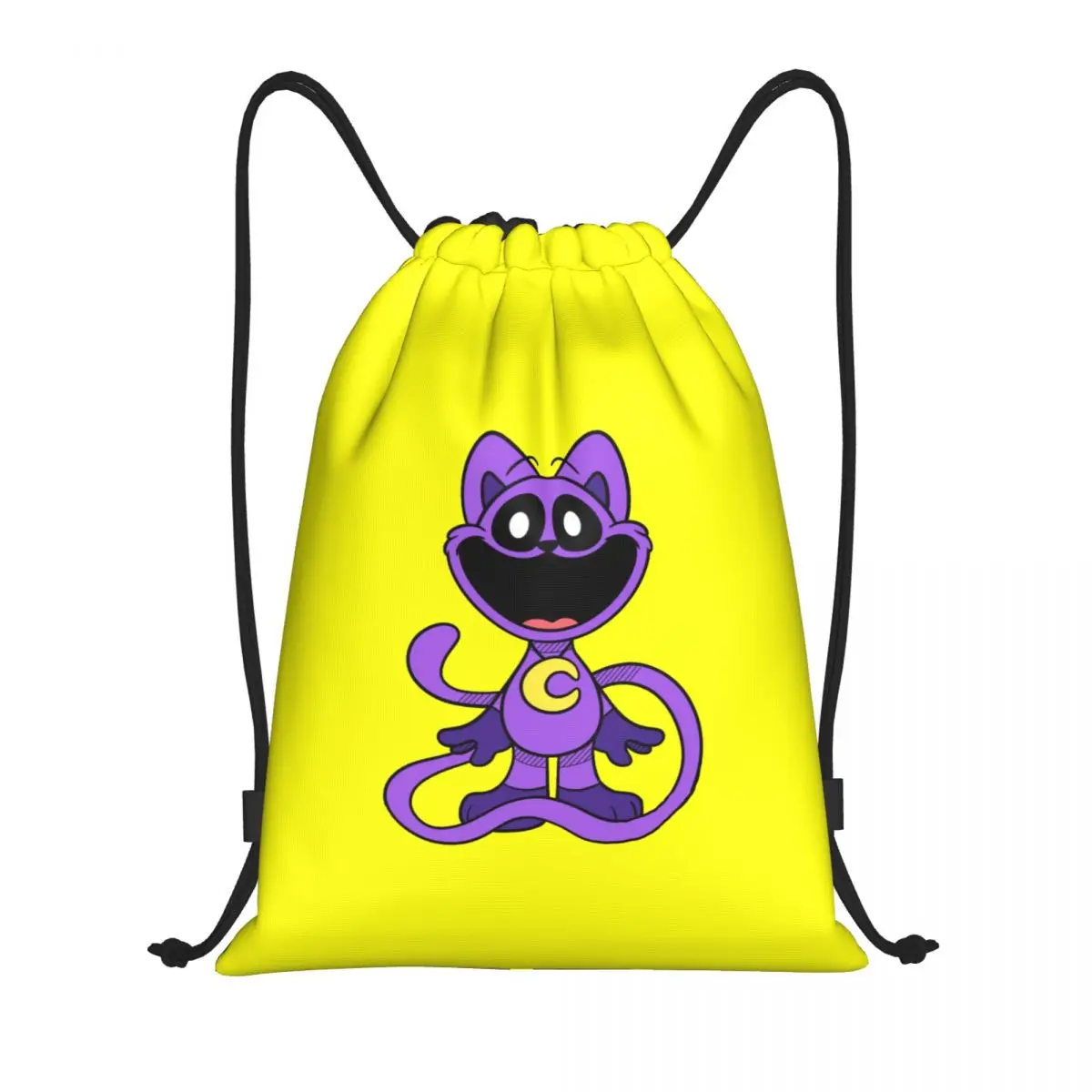 Custom Purple Smiling Big Mouth Cat Critters Drawstring Bags Foldable Sports Gym Scarry Animated Game Training Backpacks