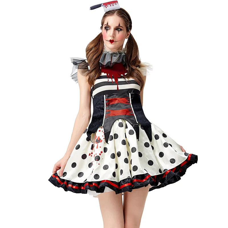 

Halloween Clown Cosplay Costumes for Adult Women Black Gothic Mini Dress Headwear Carnival Party Circus Fantasia Joker Costume