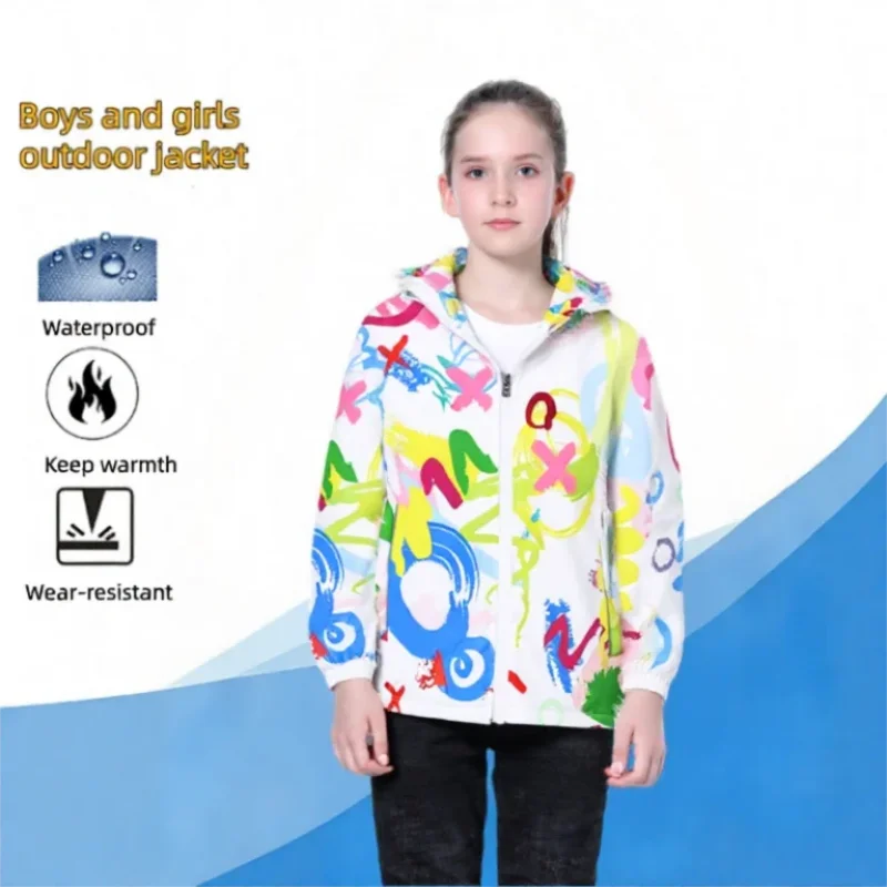 Dubbped Boys Girls Graphic Hooded Jacket Waterproof Windproof Zipper Coat Kids Spring Clothes 3-12Y
