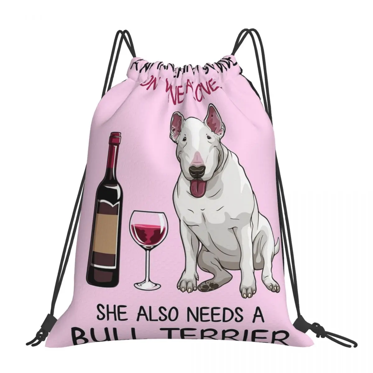 Bull Terrier And Wine Funny Dog Backpacks Drawstring Bags Drawstring Bundle Pocket Sports Bag Book Bags For Travel School