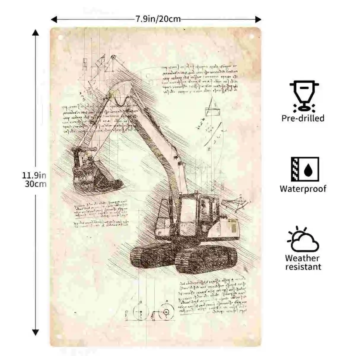 2D FLAT 1pc Vintage Excavator Blueprint Style Wall Art Decoration for Home Garage Office Workshop And Garden