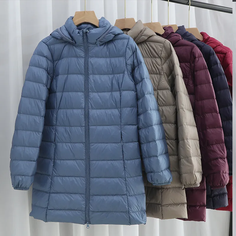 

Hat Detachable Hooded Down Coat Winter Women Light Thin White Duck Down Jacket Parkas Ladies Long Warm Big Size Puffer Outwears