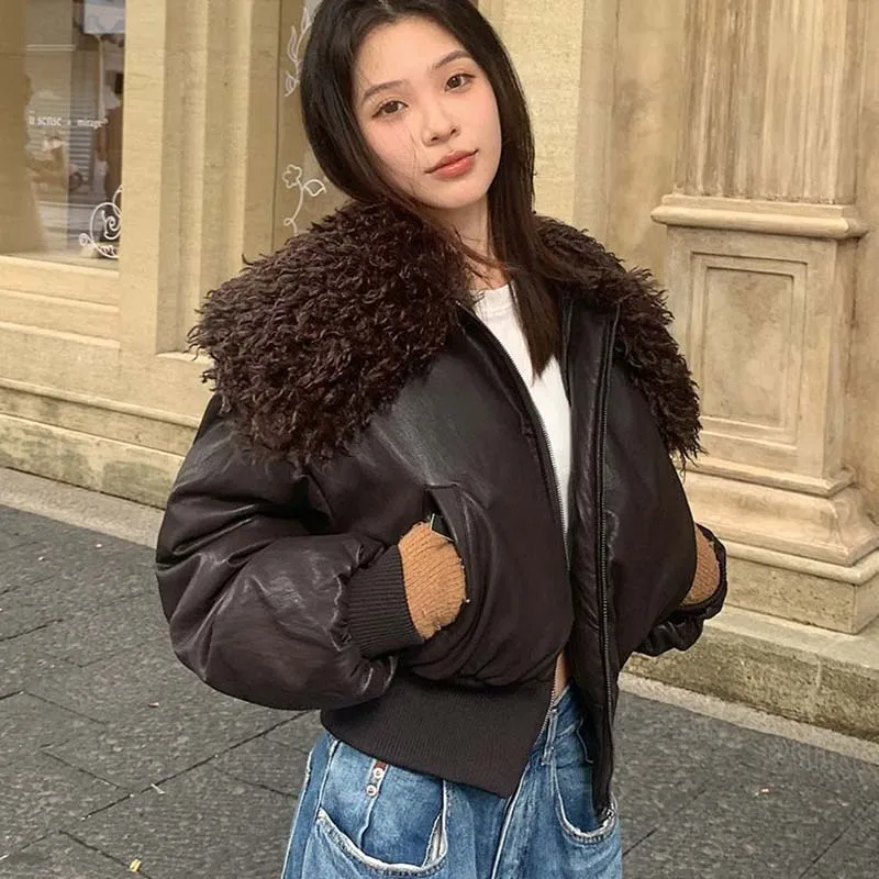 2026 New Women's PU Skin Lamb Jacket Winter Cotton-padded Short Lamb Wool Collar Overcomes Loose Warm Thick Coats Street Cozy