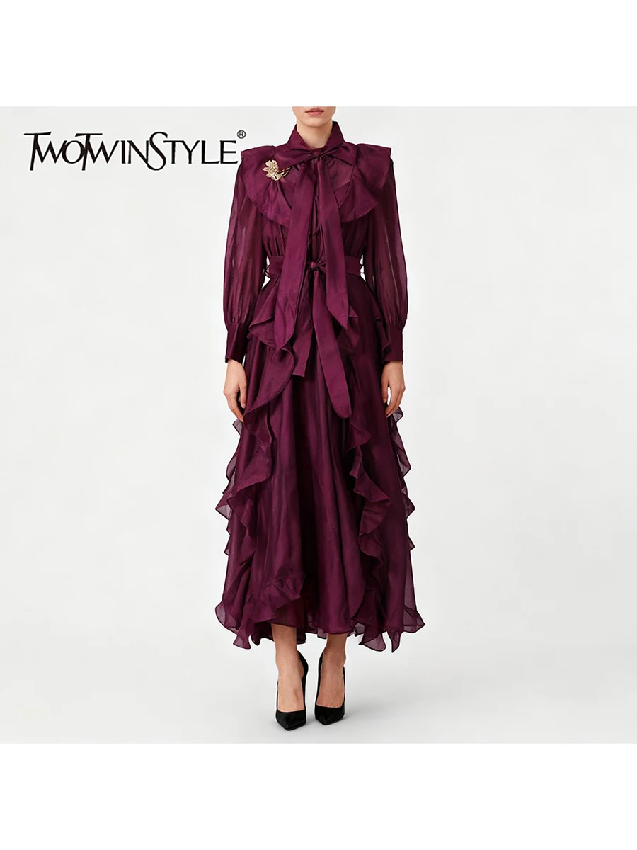 TWOTWINSTYLE Solid Spliced Ruffles Folds Fashion Dresses for Women O Neck Long Sleeves High Waist Patchwork Lace Up Dress Female