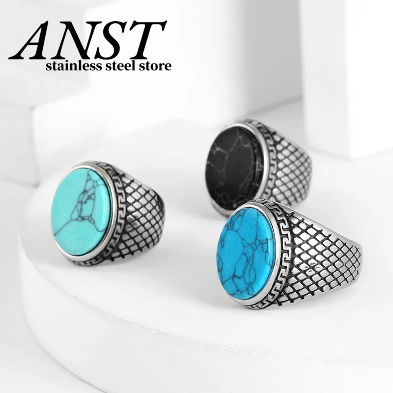 2024 Stainless Steel  Jewelry turquoise Stone Rings For Men Titanium Steel Inlaid Three Colors Men Ring Valentine's day Gift