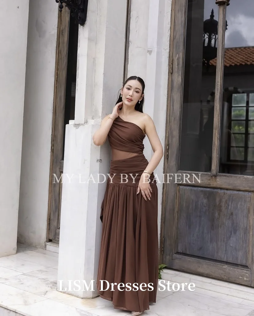LISM marrón un hombro largo A-Line vestidos de graduación fiesta de boda vestidos de noche de gasa de seda personalizado bata de velada fiesta Formal