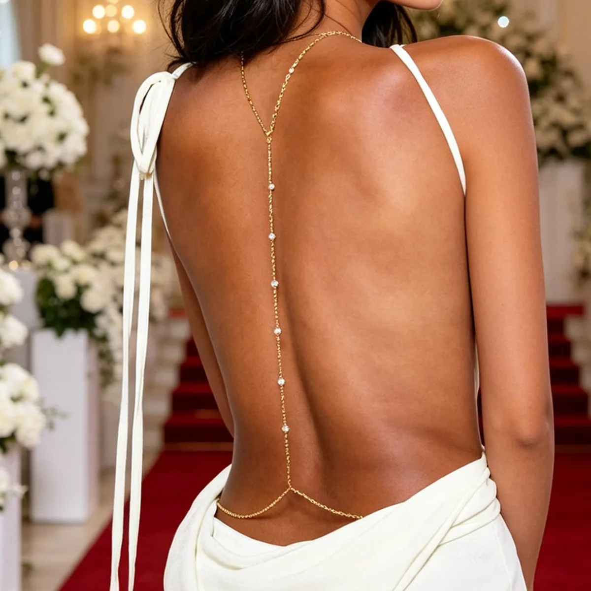 Back Draping Drop Body Chain Sparkling Crystal Accents Backdrop Necklace Delicate Gold Tone Summer Bridal Jewelry Accessory