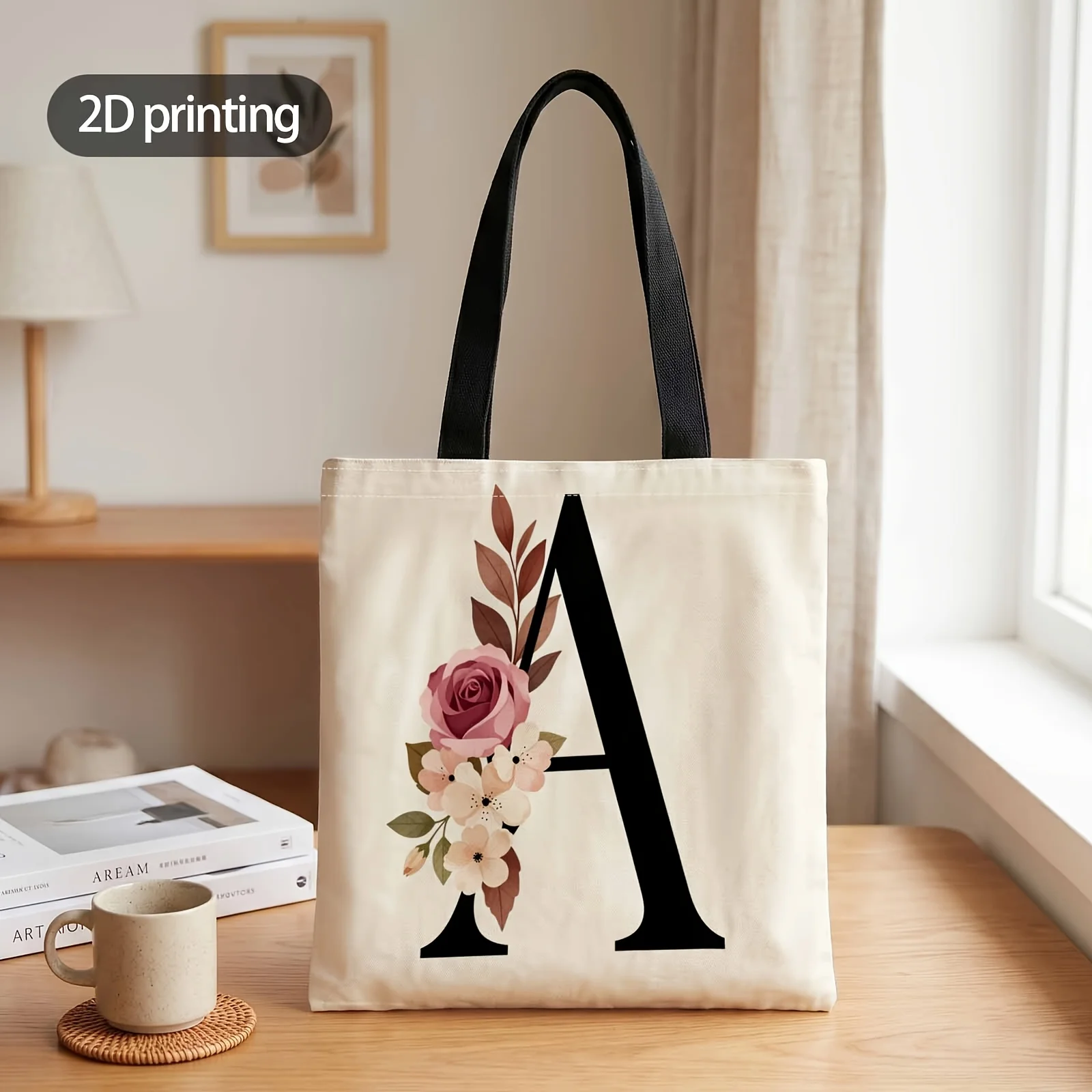 2D Printed Handbag with A Is for Autumn Blooms Pattern, Reusable Fashion Shoulder Bag Shopping Tote Bag Suitable for Shopping Of