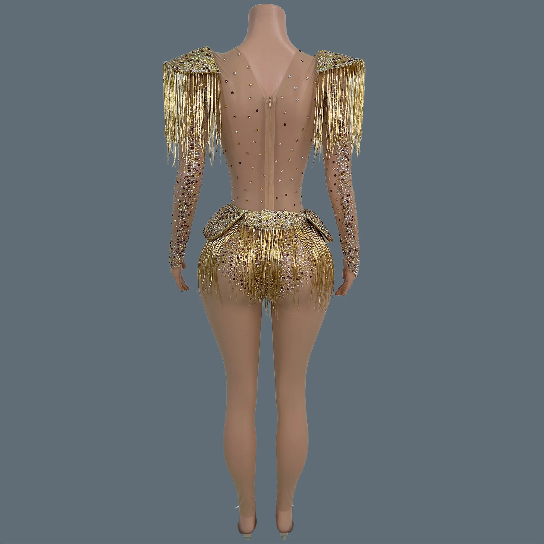 Sparkly Gold See Through Mesh Tight Fitting Jumpsuit Women Long Sleeve Fringe Shoulder Nightclub Party Dance Sexy Outfit Jinboli