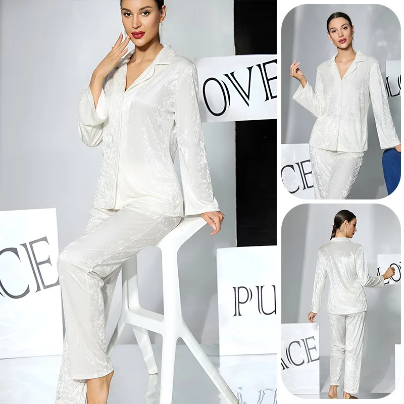 White Velvet Pajamas Two-piece Set Lapel Long-sleeved Trousers Light Luxury Elegant and Comfortable Loungewear Cw64608