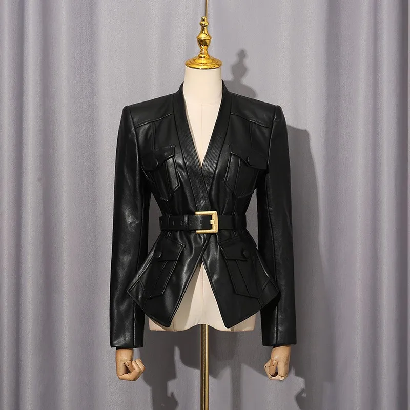 Tie Long Sleeve Jacket Slim Fit Elegant Style with Regular Sleeve Tie Belt Seamed Construction Regular Length Women Jacket