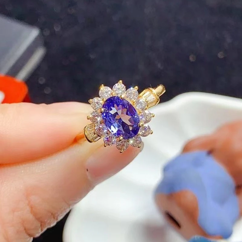 Luxury 925 Silver Tanzanite Wedding Ring 6mm*8mm 1ct Natural Tanzanite Ring with 3 Layers 18K Gold Plating