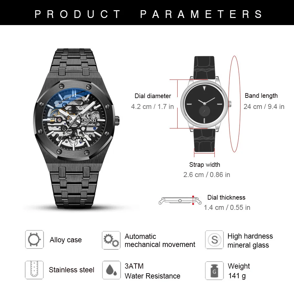 Fashion Men Mechanical Watches Big Dial Automatic Stainless Steel Top Brand CHENXI Business Dress Wristwatch for Male