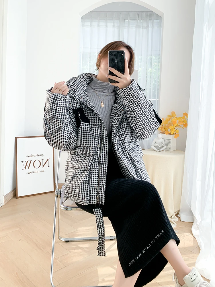 New Houndstooth Hooded Tops Women Winter Coats Oversized Puffy Warm Outerwear White Duck Down Jackets Warm Vintage Coat Female