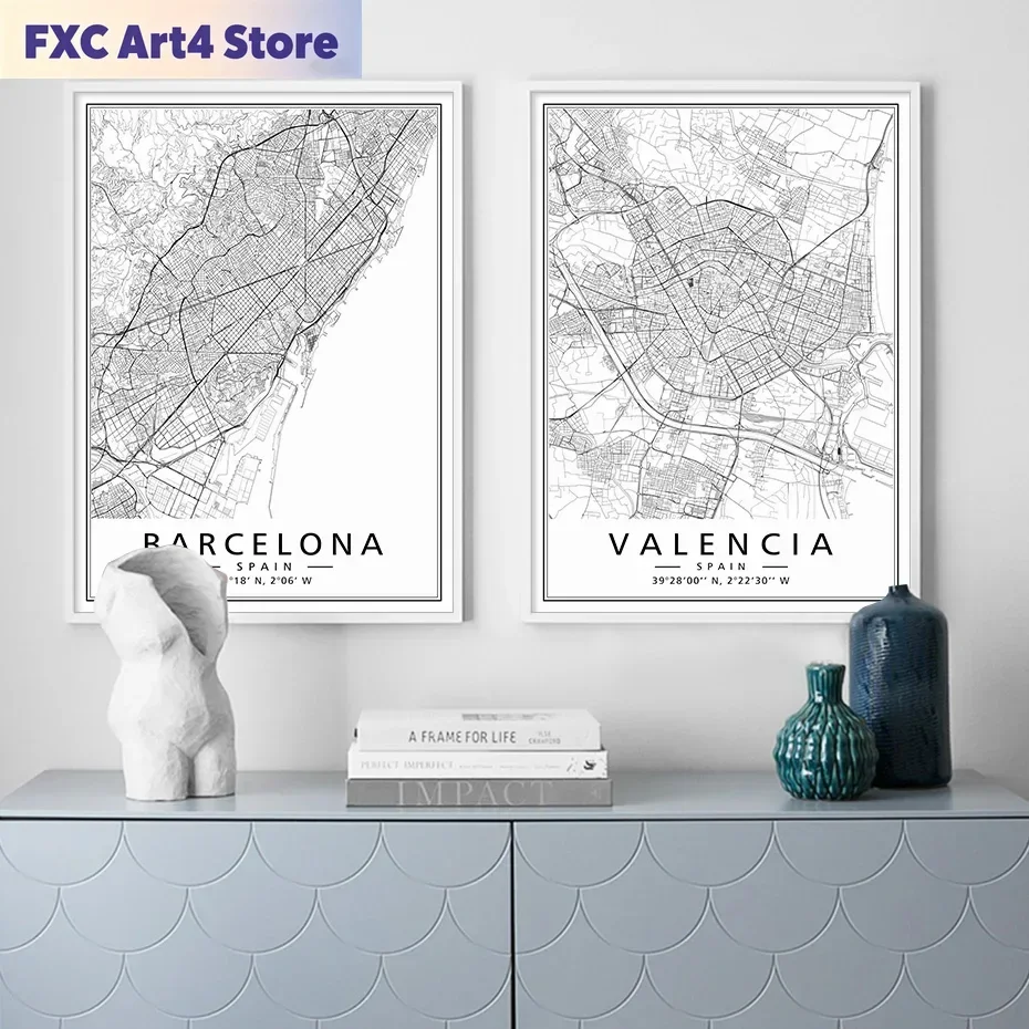 Frameless 1pc frameless Canvas painting Minimalist Black White Spain Cities Maps MARIDA BARCELONA Modern Posters Prints Wall Art