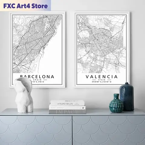 Frameless 1pc frameless Canvas painting Minimalist Black White Spain Cities Maps MARIDA BARCELONA Modern Posters Prints Wall Art