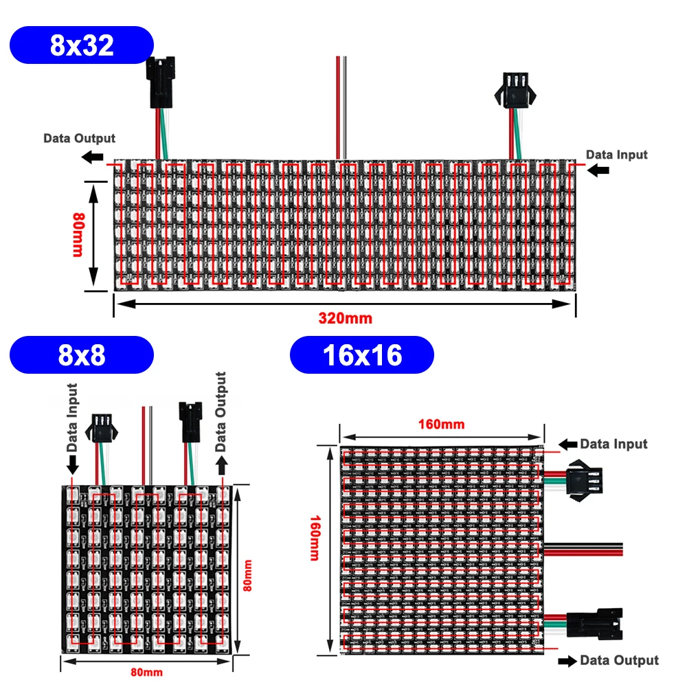 1pcs~20pcs WS2812B RGB LED Digital Flexible Individually Addressable Panel Light DC5V WS2812 Module Matrix Screen 8x8 16x16 8x32