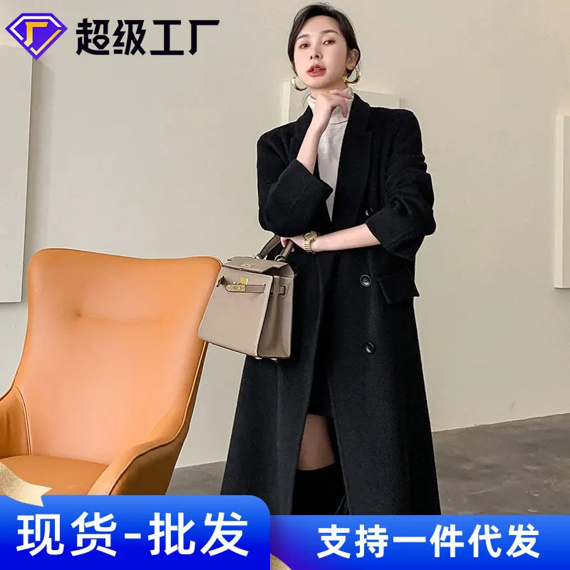 

Black Double-Sided Cashmere Sweater Women's Long New Double Breasted Women's Style Knee Length Woolen Jacket