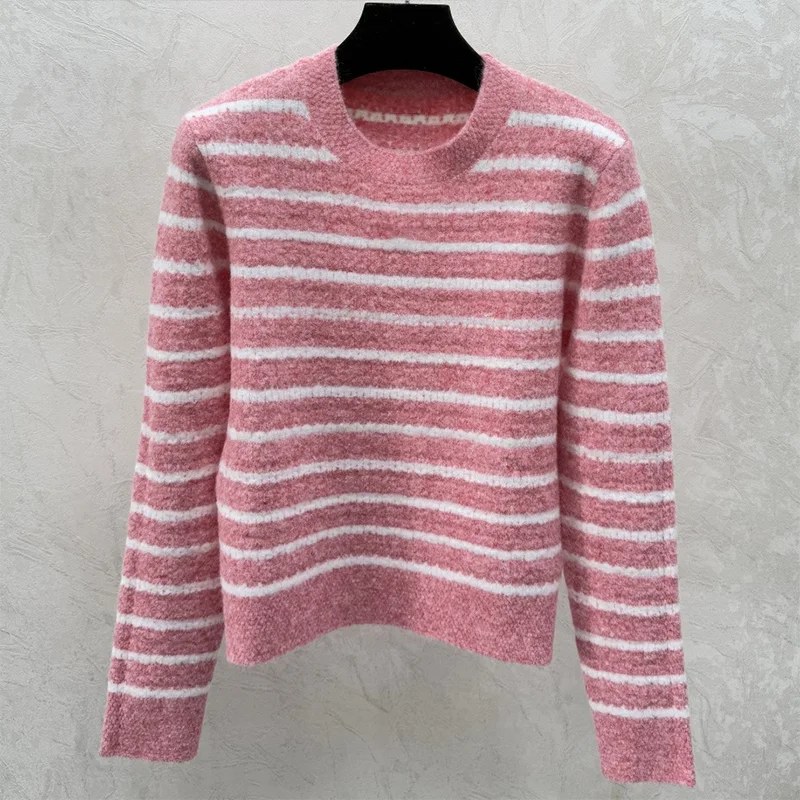 

High quality Two color striped women's round neck pullover sweater with logo patch 2025 new gentle 251221201