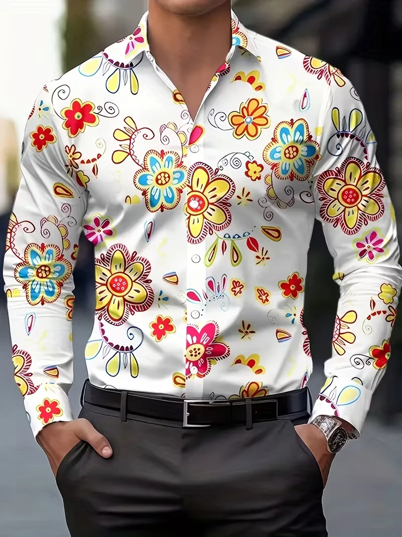 New Trendy Purple Art 3D Flower Printed Shirt Men's Flip Collar Single breasted Casual Long Sleeve Top