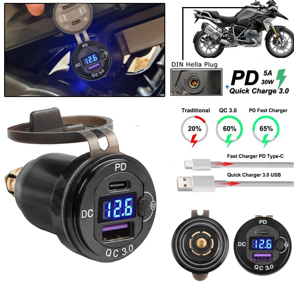 Adaptador de corriente LED tipo C para BMW S1000XR 30W PD QC3.0 12V cargador de enchufe USB para motocicleta para R1200GS F900 R/XR R1200RT para Ducati