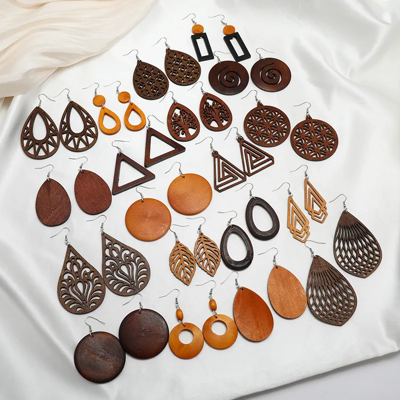 SOMESOOR Fashion African Ethnic Wooden Drop Earrings Jewelry For Women Gifts Laser Cutting Leaf Flower Circle Simple Wood Dangle