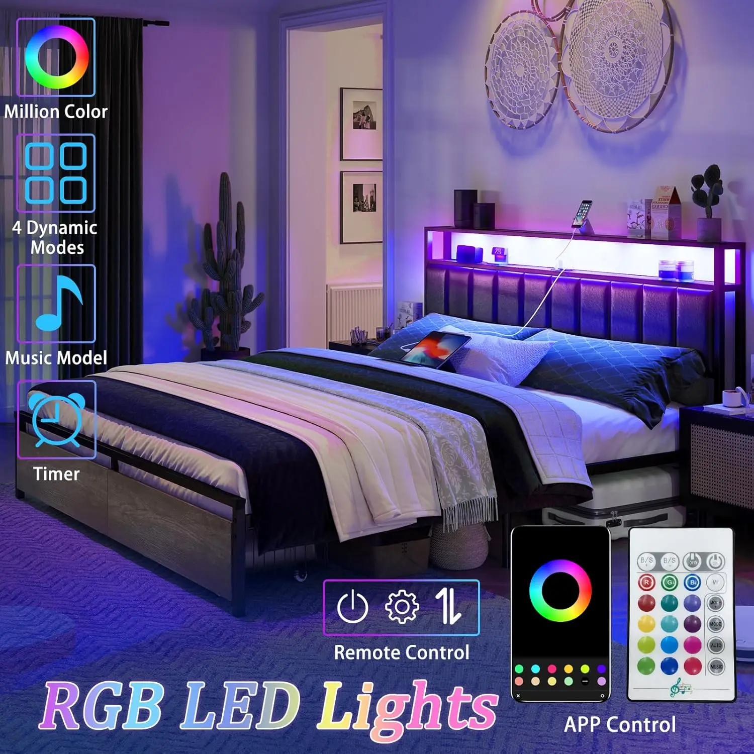 Led Bedframe Met Laden, Platform Bedframe Met Tier-Opslag En Lederen Gestoffeerd En Laadstation Hoofdeinde