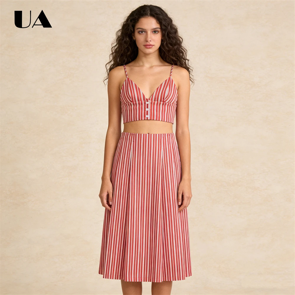 

UA Red-White Stripe Two-Piece Set, Cropped Cami Top Paried with Midi Pleated Skirt, Bold Fashion, Lightweight Beach Outfit
