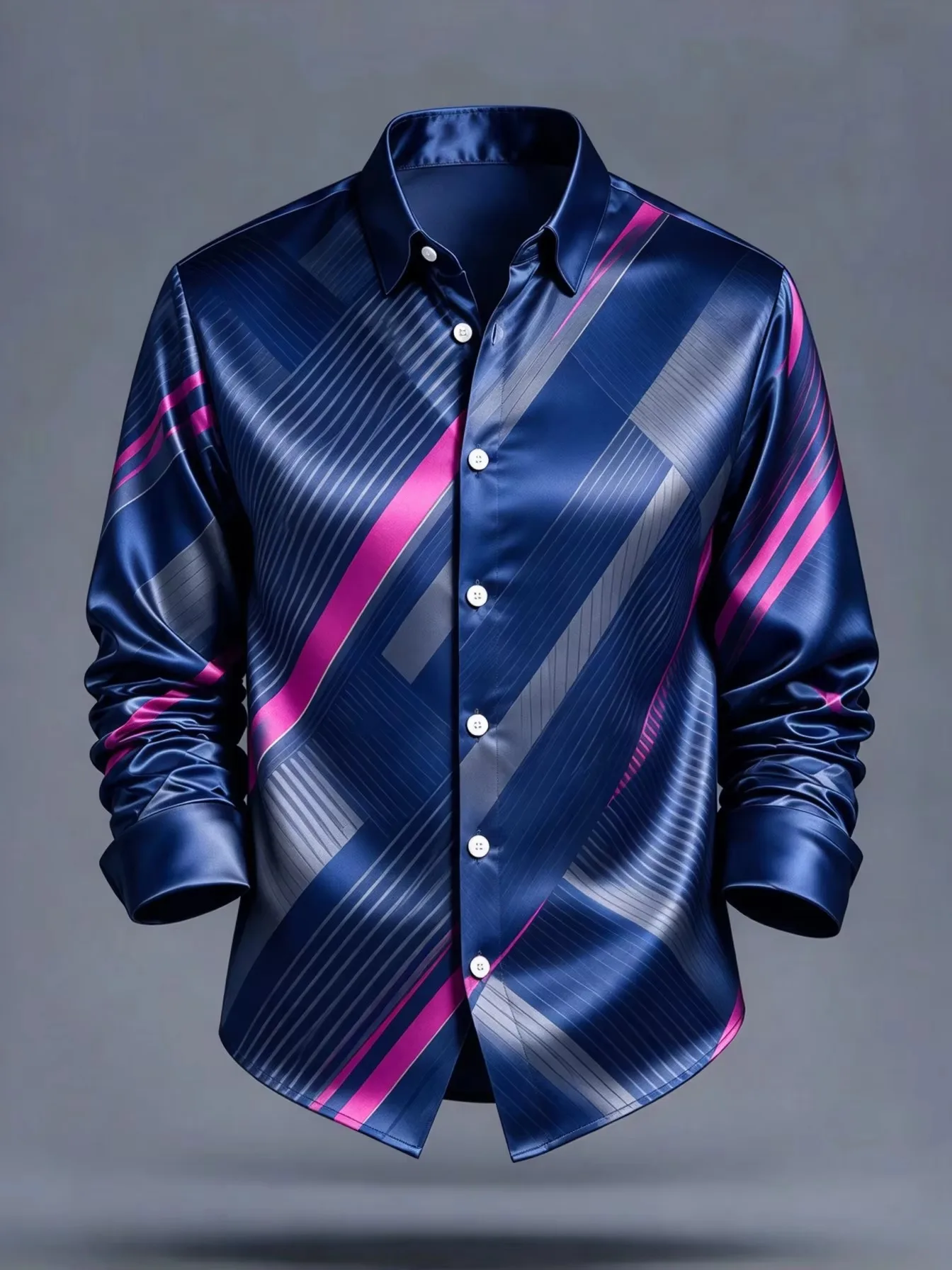 Men’s Autumn Long-Sleeve Shirt Blue Pink Diagonal-Stripe Print Collared Button-Down Loose Fit Luxurious Party/Formal Shirt