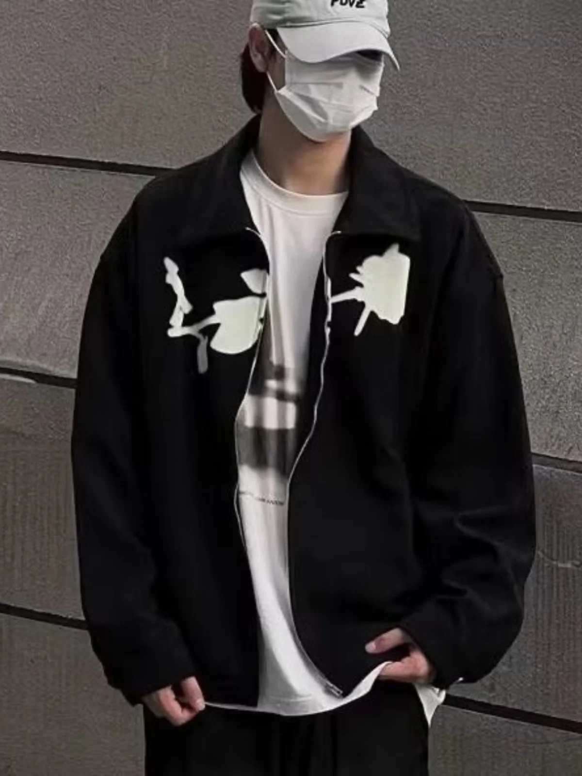 

Retro American k Rose Flower Zipper Jaet Street CleanFit ort Men's Faion Brand Spring Autumn Youth ular Outerwear