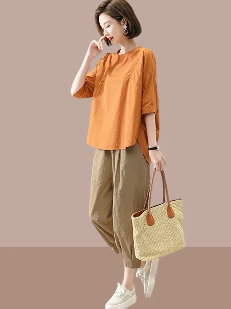 Fashionable plus Size Women's Summer Outfit Conceals Belly Flattering Mommy Clothes Young And Stylish Set Complete Ensemble