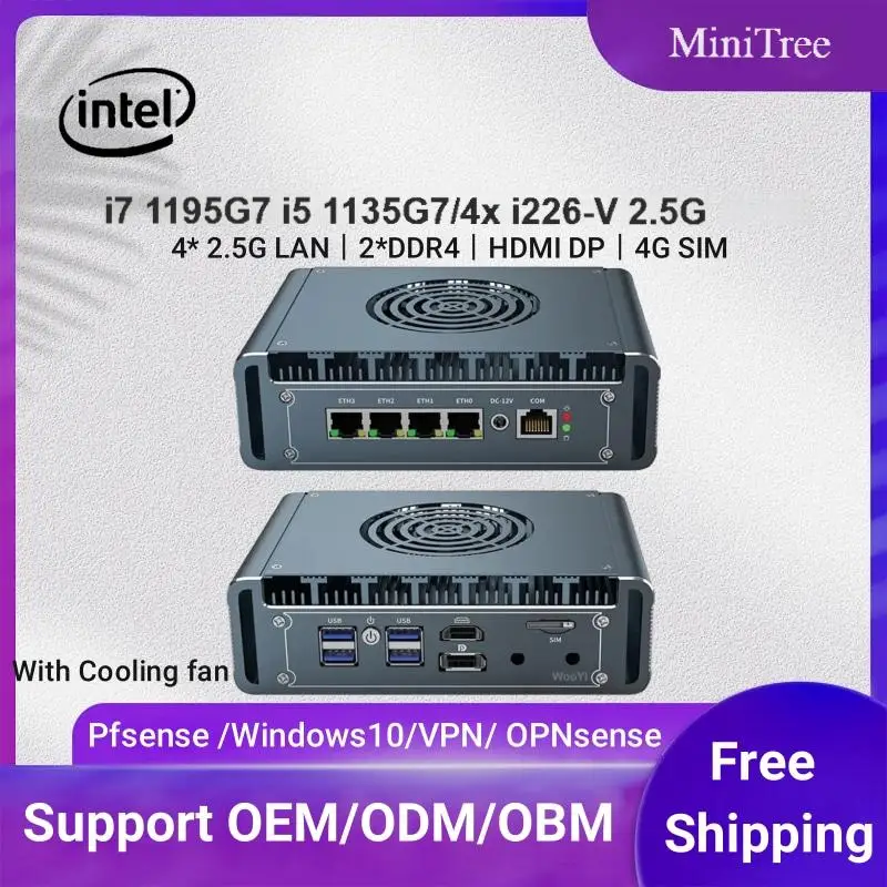 Mini computer industriale Linux di 11a generazione Core i5 1145G7 i7 1195G7 4G SIM Basso TDP 4x2.5G LAN Mini Firewall PC Pfsense Proxmox Host