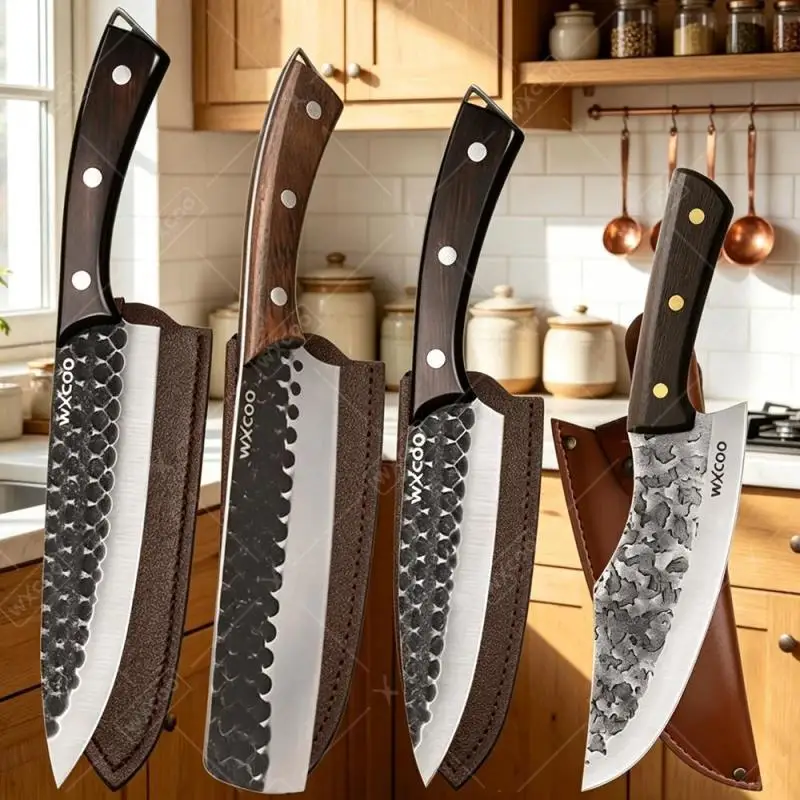 Juego de 4 Cuchillos de Cocina de Acero Inoxidable: Cuchillo de Deshuesar, Cuchillo para Carne, Cuchillo para Frutas y Funda, Regalo para Fiestas, para Cortar Carne de Res y Pescado
