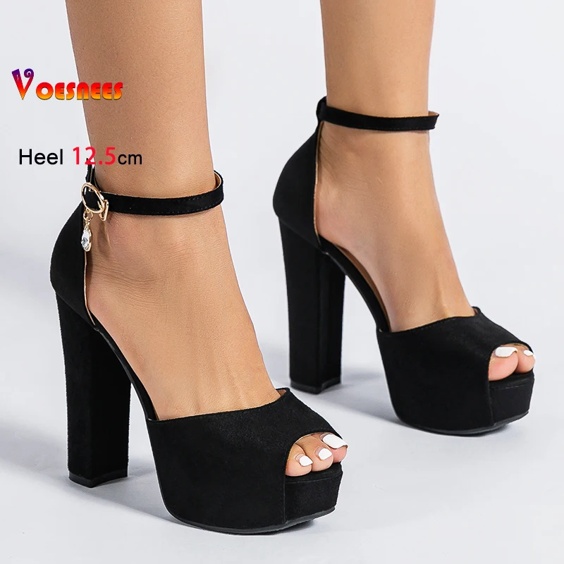 غطاء كعب الصنادل النساء حجم كبير الصيف اللمحة تو عالية الكعب 12.5 سنتيمتر الإناث منصة الجلد المدبوغ الكاحل حزام نموذج عرض الصنادل الأسود