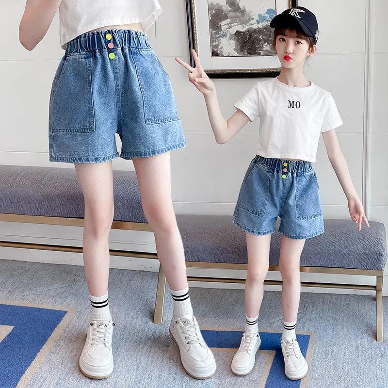 

Джинсовые шорты-шорты для девочек с высокой талией, детские летние джинсовые шорты, молодежные винтажные детские летние джинсовые шорты ярких цветов на пуговицах